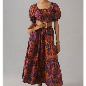 Anthropologie The Sommerset Puff Sleeve 100% Cotton Maxi Dress Purple Sz L